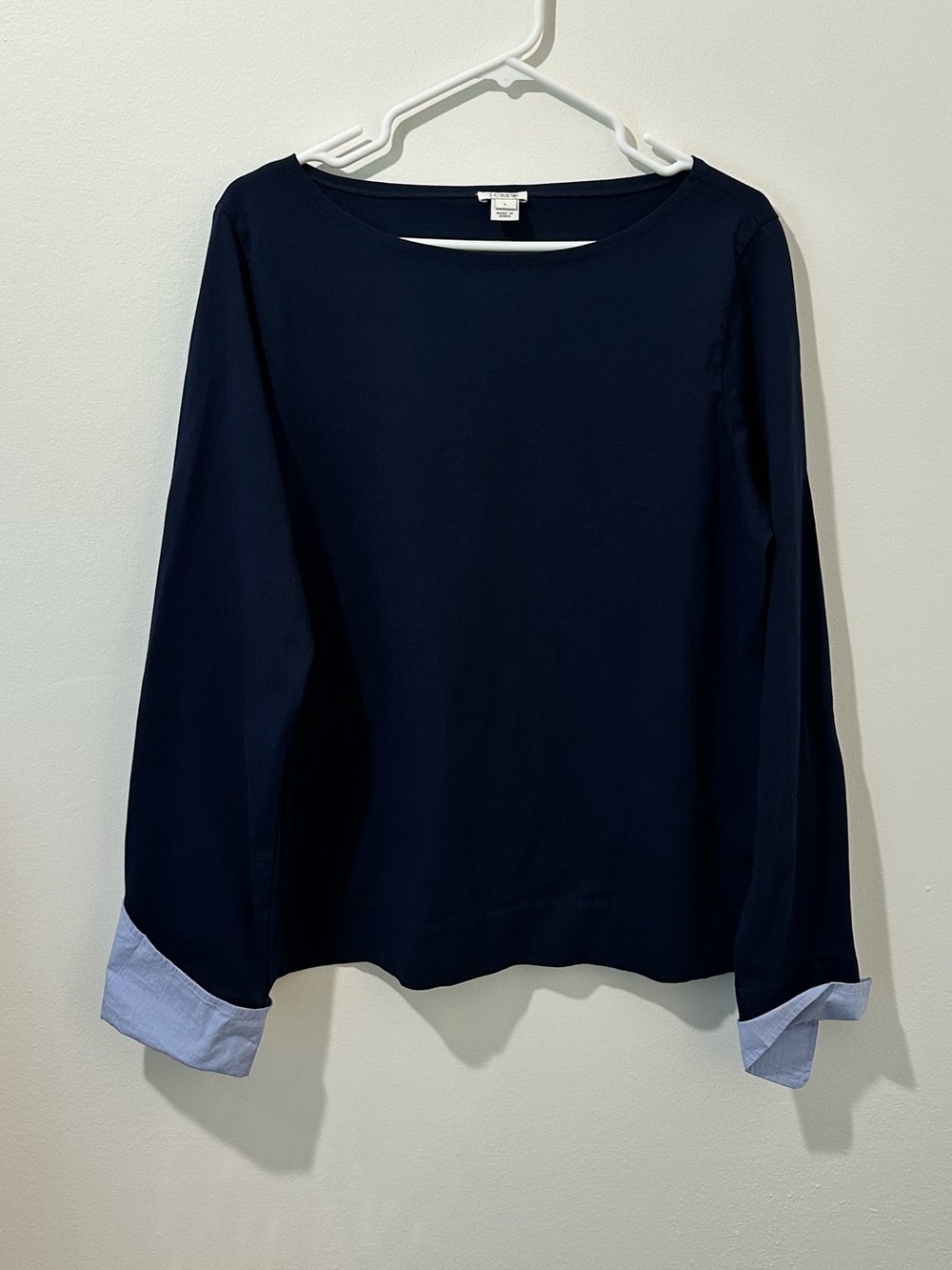 J. Crew Navy Long-Sleeve Top with Light Blue Cuff Detail